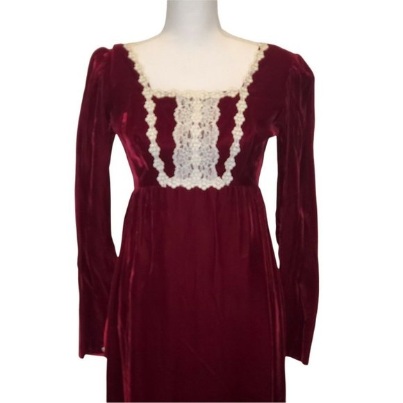 Vintage 60s 70s Wine Red Velvet Prairie Dress Crochet Trim Floor Length Small - Picture 3 of 12